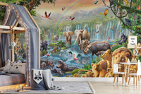 Safari animal wall mural behind a grey house-shaped bed frame and rug.