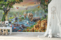Dynamic Animal wall mural with a white canopy and dreamcatcher in kids room.