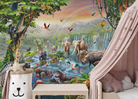 Dynamic Animal Kingdom wall mural with a pink canopy bed and white storage bin.