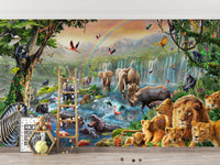 Dynamic Animal Kingdom wall mural with a wooden ladder and floor storage.
