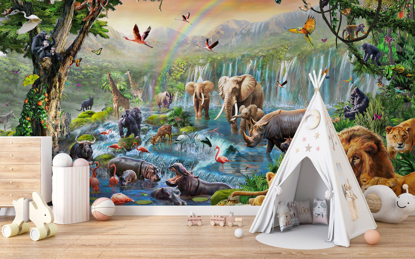 Dynamic jungle wall mural with a white teepee tent and wooden toys on a shelf in kids room.