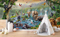 Dynamic jungle wall mural with a white teepee tent and wooden toys on a shelf in kids room.