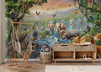 African kingdom wall mural with a hanging chair and wooden dresser in nursery.