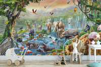 Jungle animal wall mural with a white toy and neutral floor cushions in playroom.
