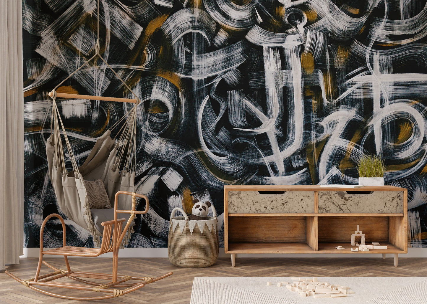 Abstract brushstroke wall mural with dramatic contrast.
