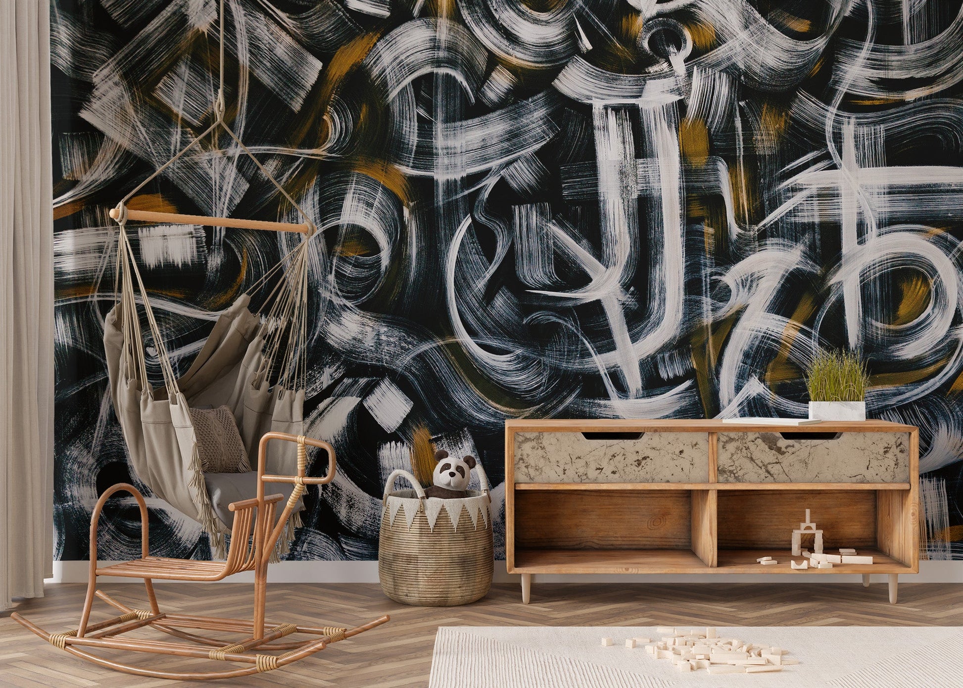 Abstract brushstroke wall mural with dramatic contrast.