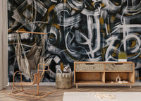 Abstract brushstroke wall mural with dramatic contrast.
