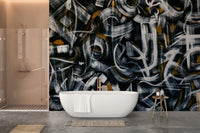 Monochrome brushstroke art wall mural with rich texture detail for bathroom.