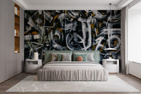 Minimal black and white art wall mural for modern bedroom interiors.
