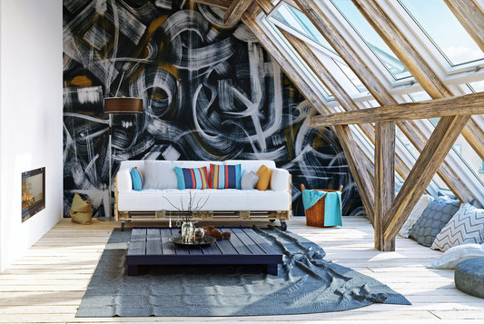 Black and white dynamic wall mural with bold brush textures for living room.