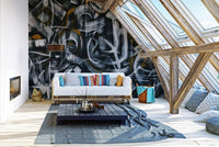Black and white dynamic wall mural with bold brush textures for living room.