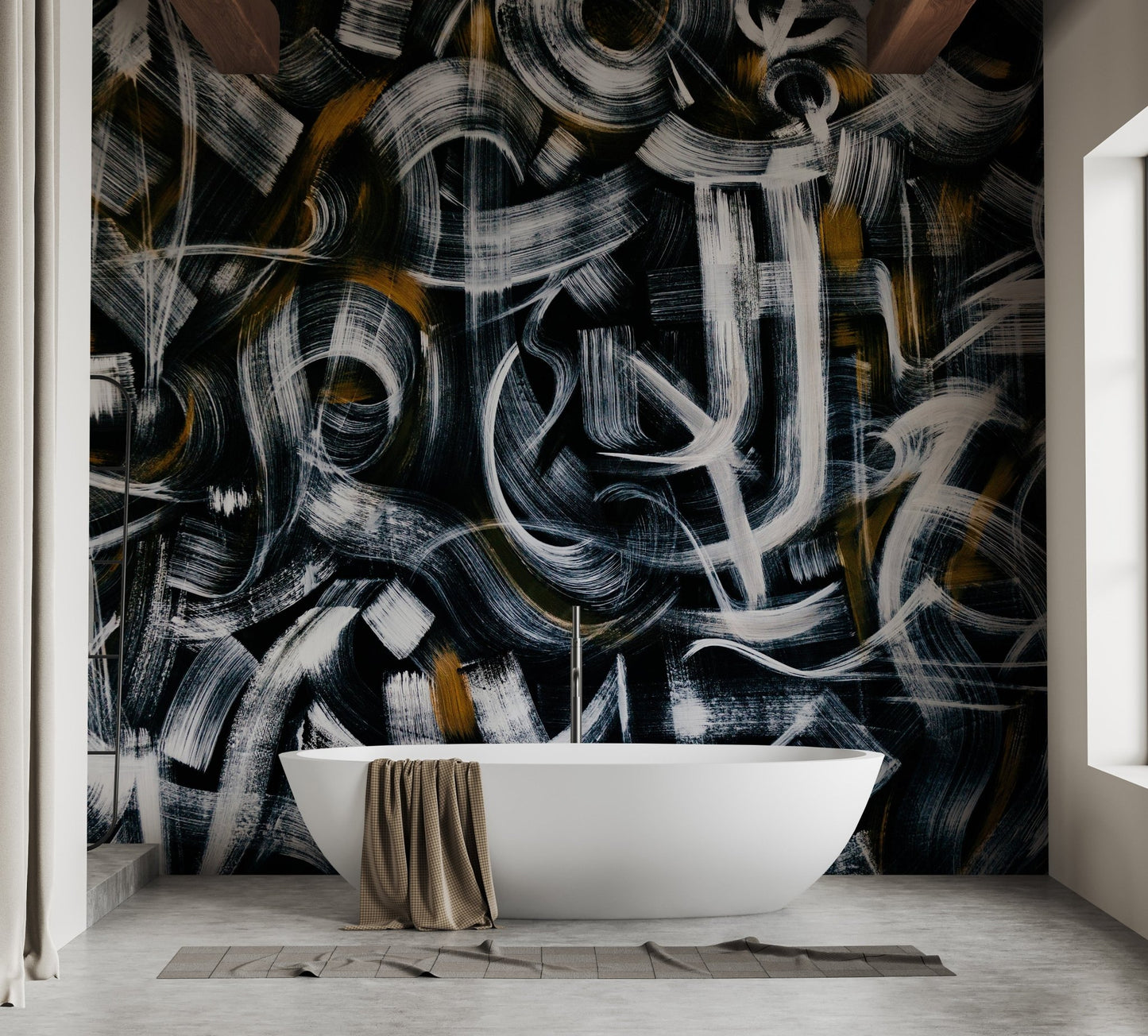 Graphic brushstroke line mural with bold artistic pattern for bathroom walls.
