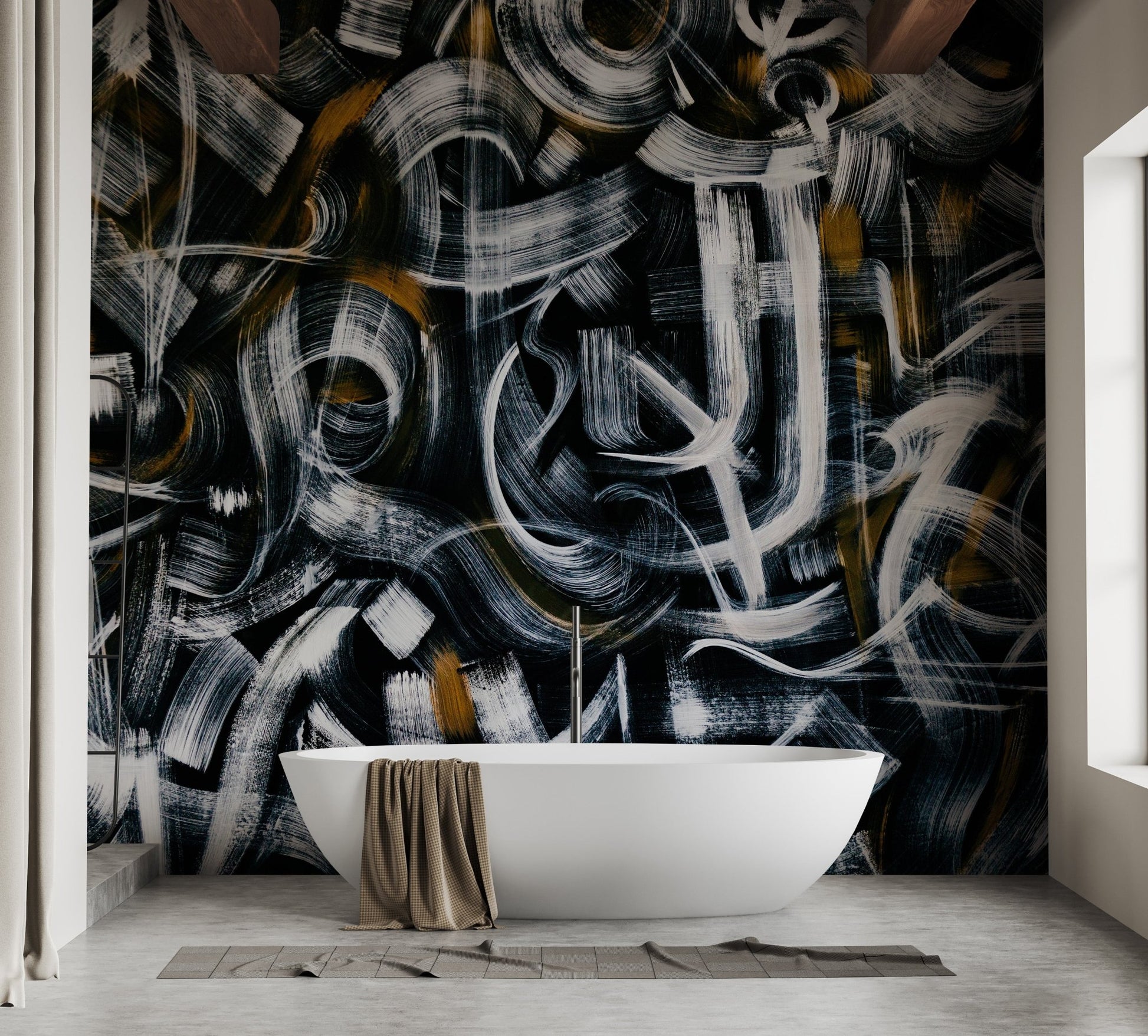 Graphic brushstroke line mural with bold artistic pattern for bathroom walls.