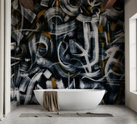 Graphic brushstroke line mural with bold artistic pattern for bathroom walls.