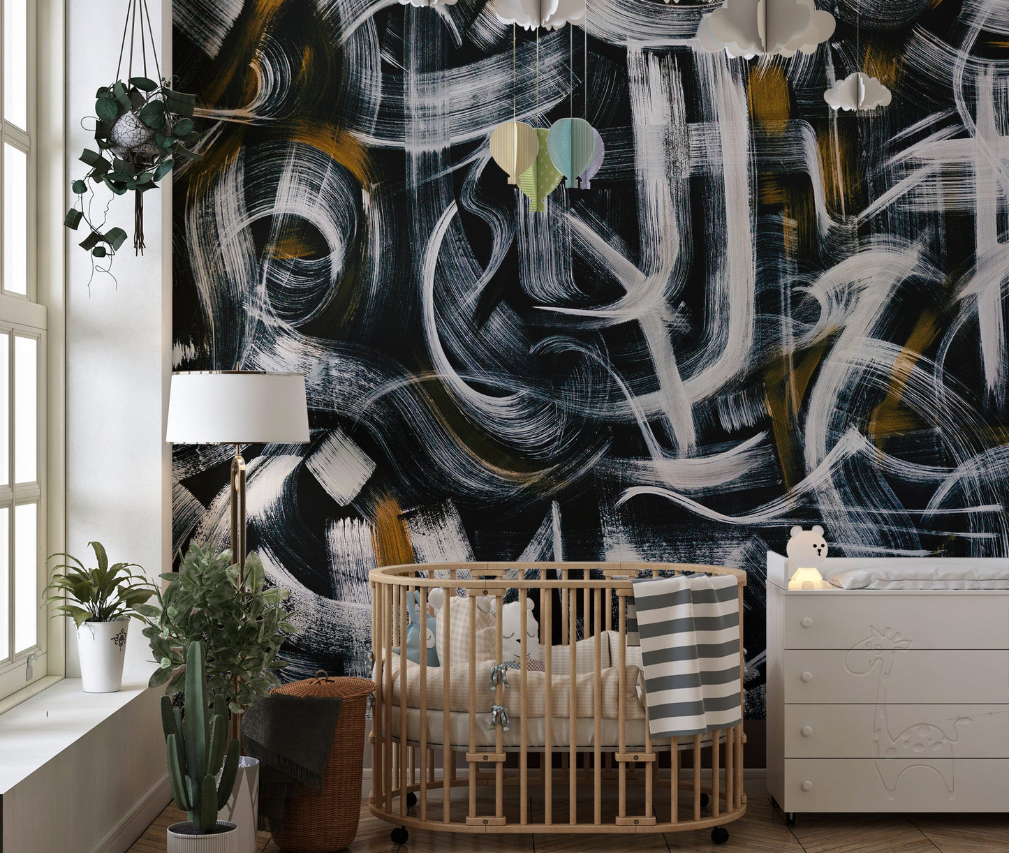 Expressive brushstroke wall mural in monochrome color palette.