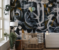 Expressive brushstroke wall mural in monochrome color palette.