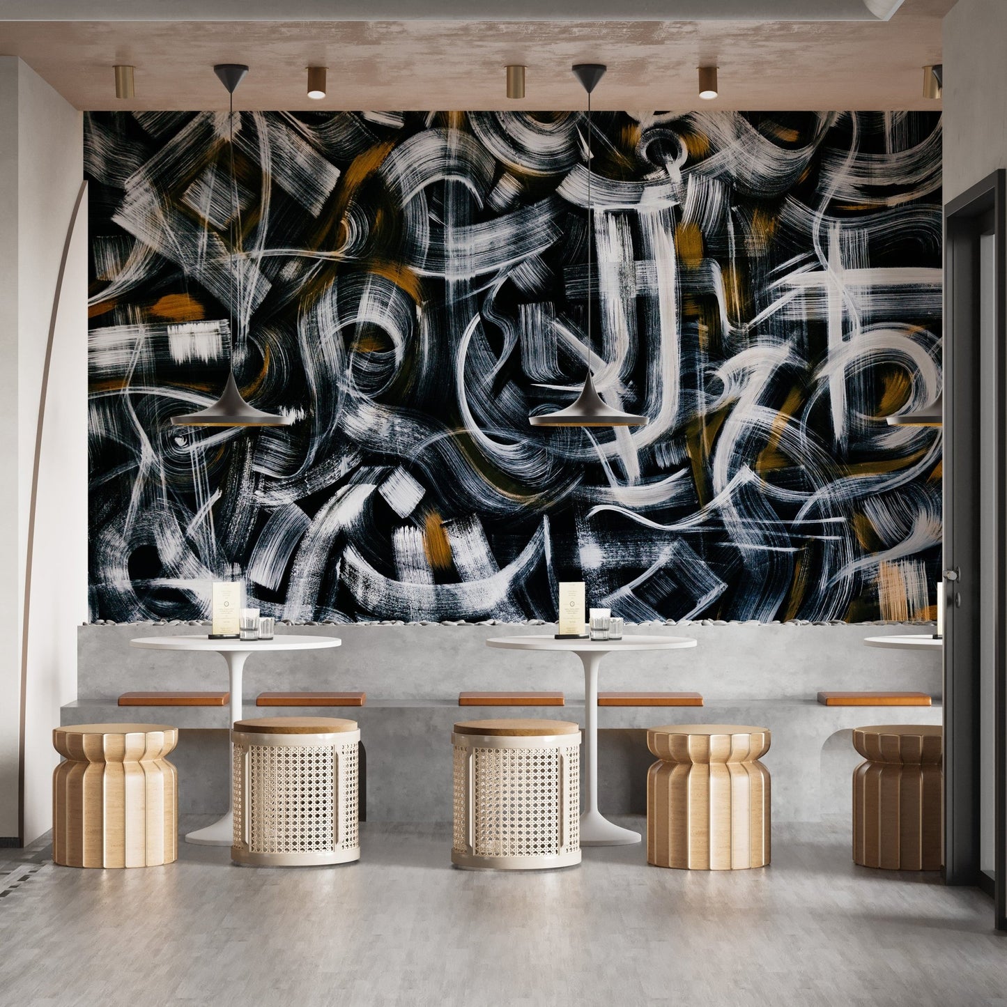 Dynamic abstract wall art mural with layered strokes.