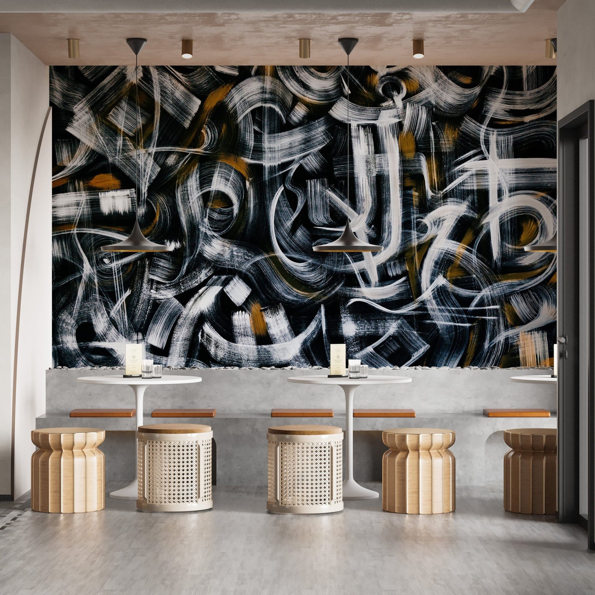 Dynamic abstract wall art mural with layered strokes.