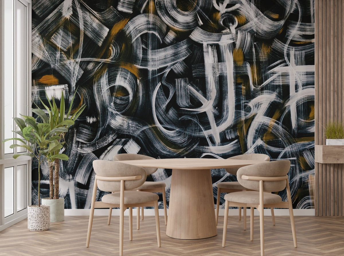 Dynamic brushstroke wall art abstract wall mural in black and white.
