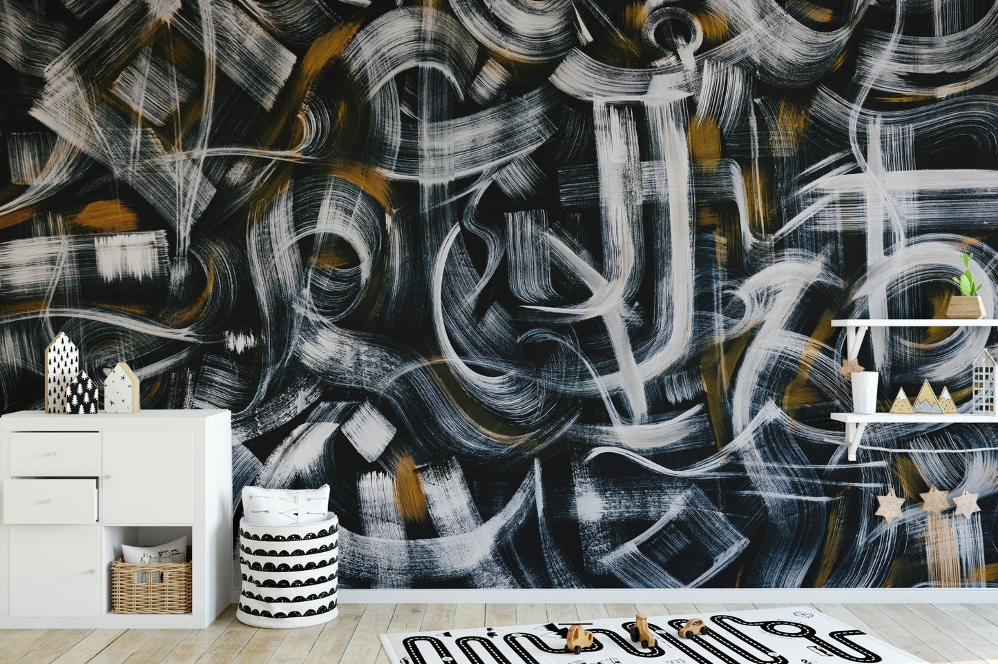 Artistic brushstroke pattern wall mural in dark neutral tones.