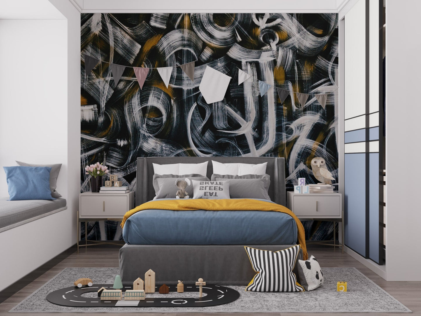 Contemporary abstract wall art mural with layered paint strokes for kids bedroom.