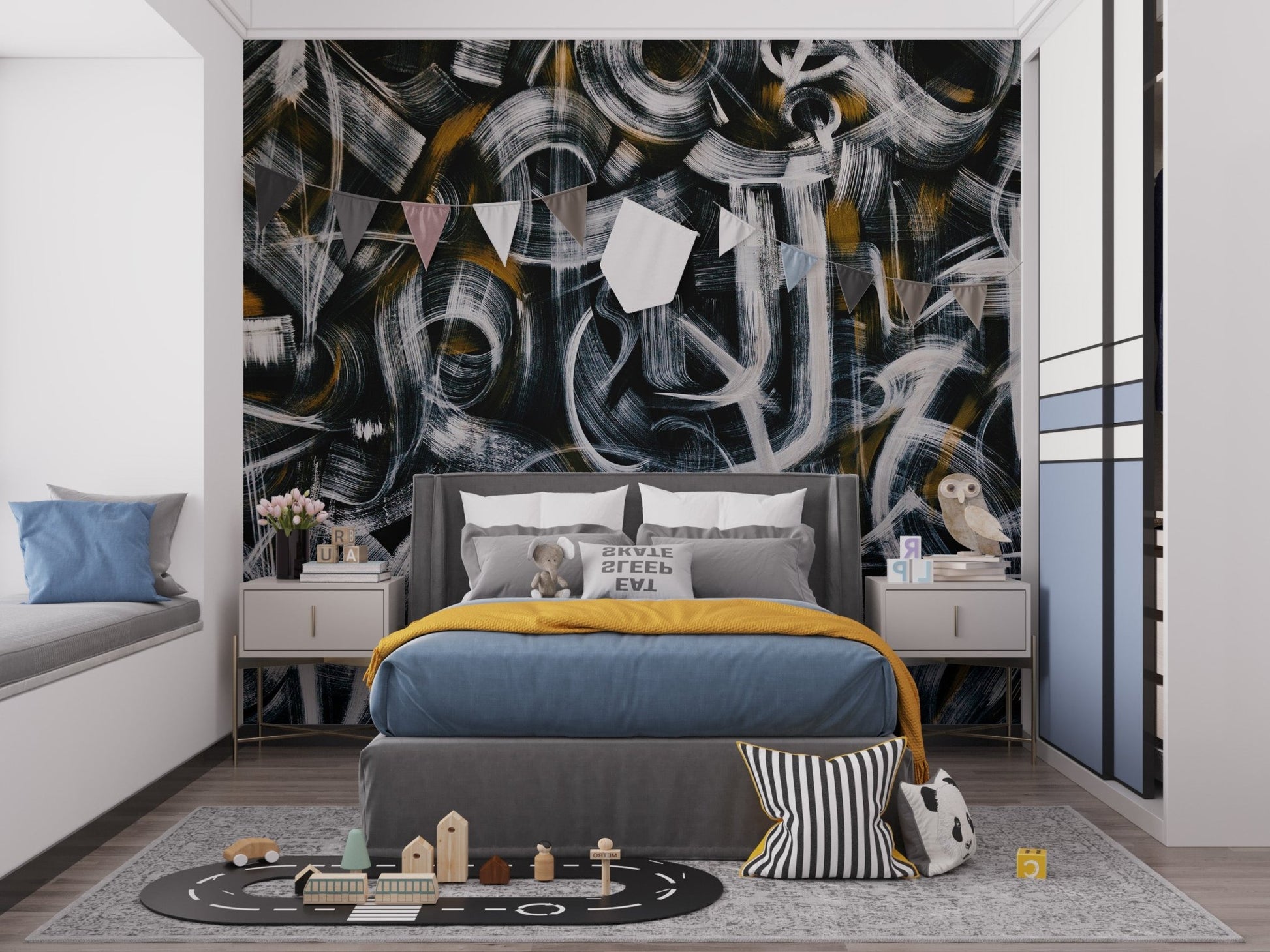 Contemporary abstract wall art mural with layered paint strokes for kids bedroom.