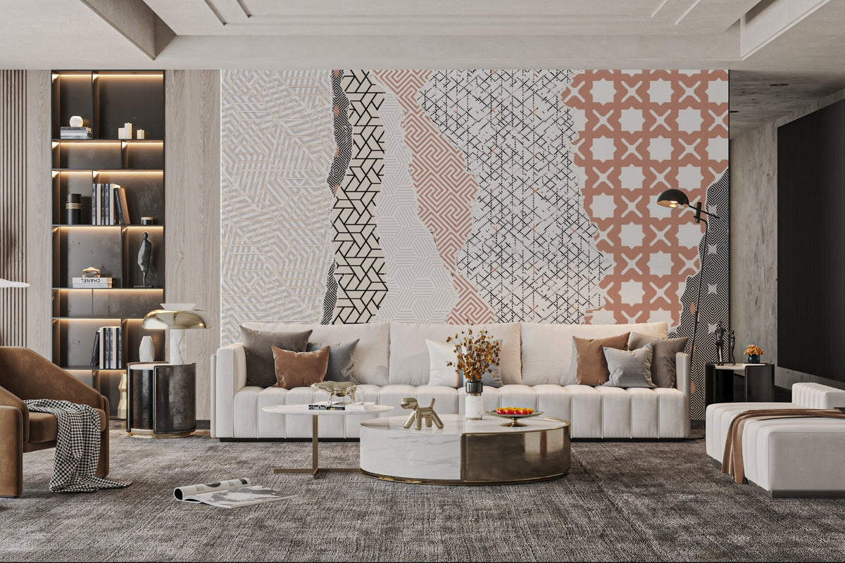 Sharp and edgy geometric wall decor mural with mixed abstract line patterns.