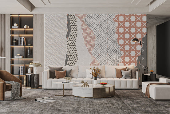 Sharp and edgy geometric wall decor mural with mixed abstract line patterns.