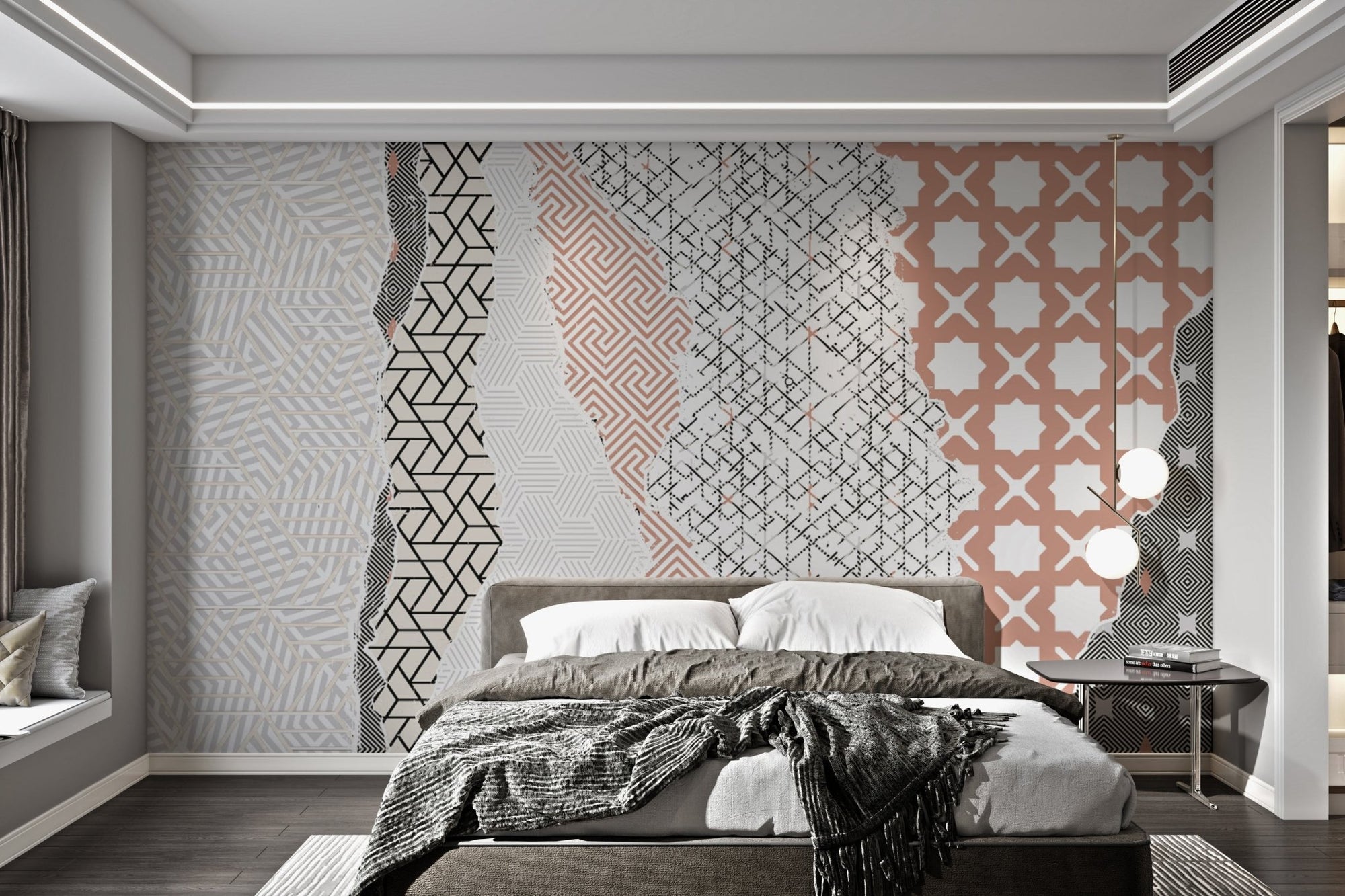 Bold geometric wall mural with dynamic shapes for bedroom.