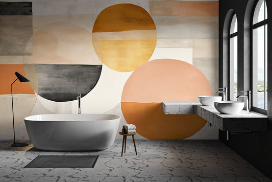 Earth-tone abstract geometric wallpaper with orange and terracotta circles.