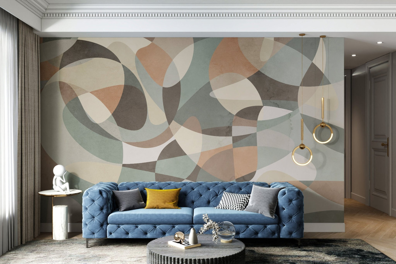 Earth tones geometric wallpaper with abstract shapes for living room wall decor.