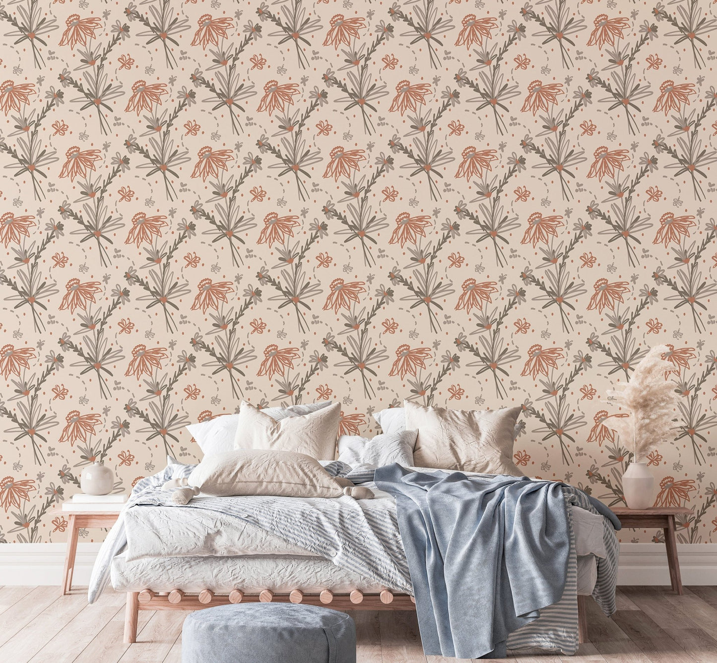 Soft earthy floral doodle wall covering in Boho style.