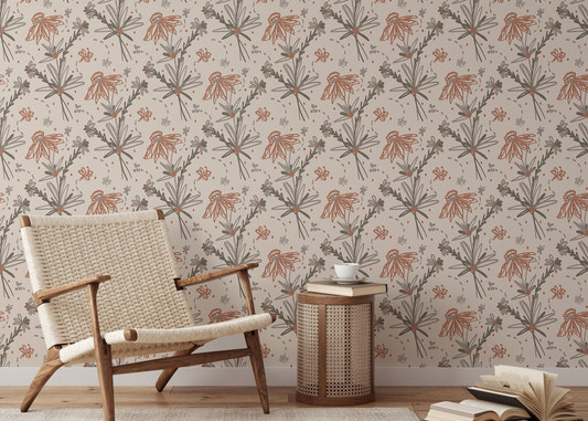 Watercolor Dried Leaves and Tropical Flowers Bohemian Wallpaper in lounge with woven chair