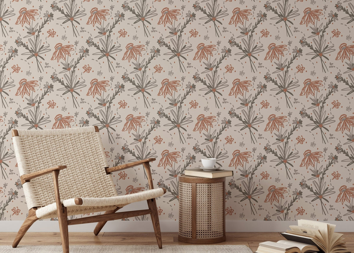 Watercolor Dried Leaves and Tropical Flowers Bohemian Wallpaper in lounge with woven chair