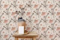Minimalist earthy floral repeat pattern wallpaper.