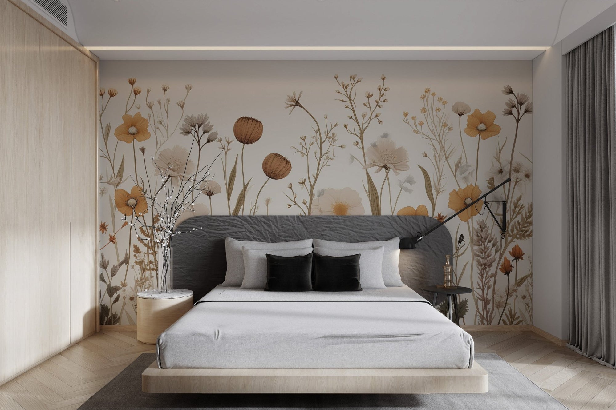 earthy wildflower pattern wallpaper with mustard yellow blooms.