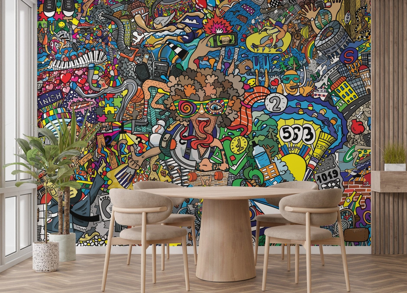 Vibrant eclectic urban graffiti wall mural with complex cartoon sports patterns.