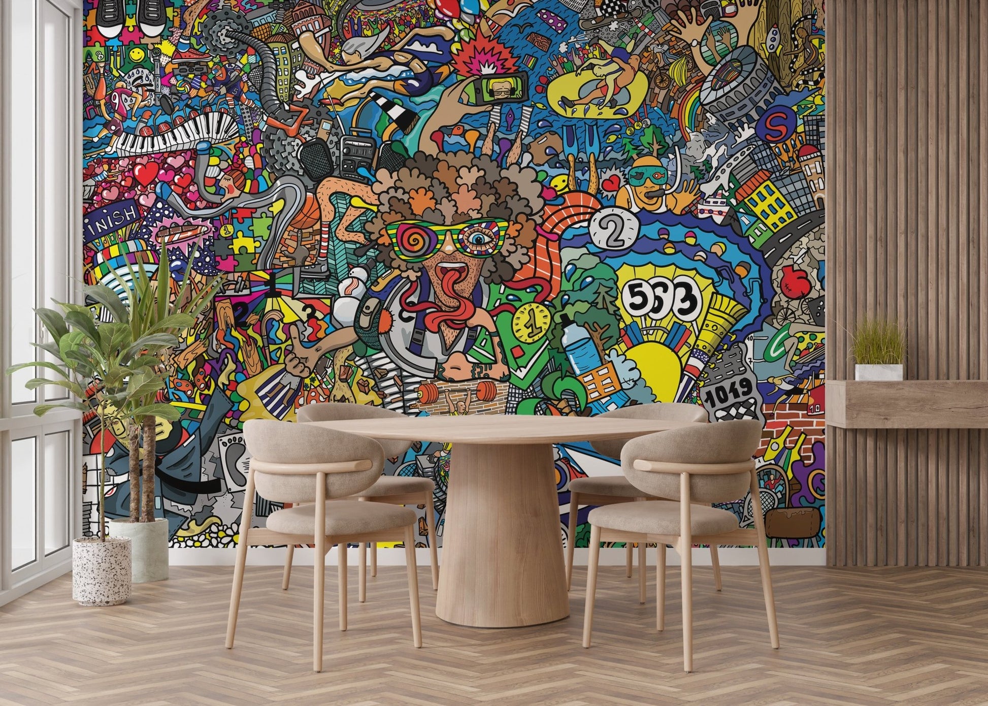 Artistic eclectic graffiti wall mural decor
