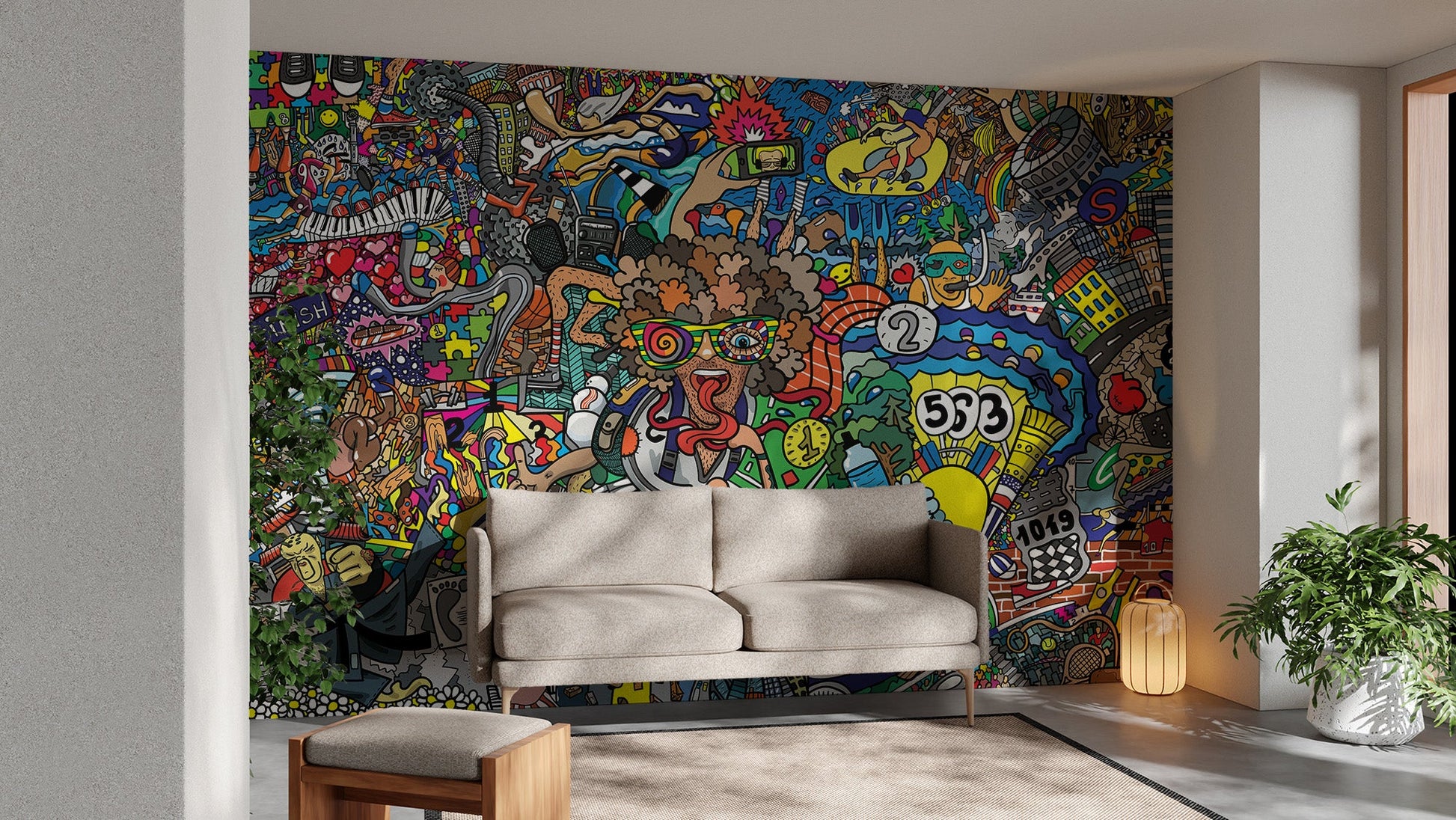 Colorful urban-inspired graffiti mural design
