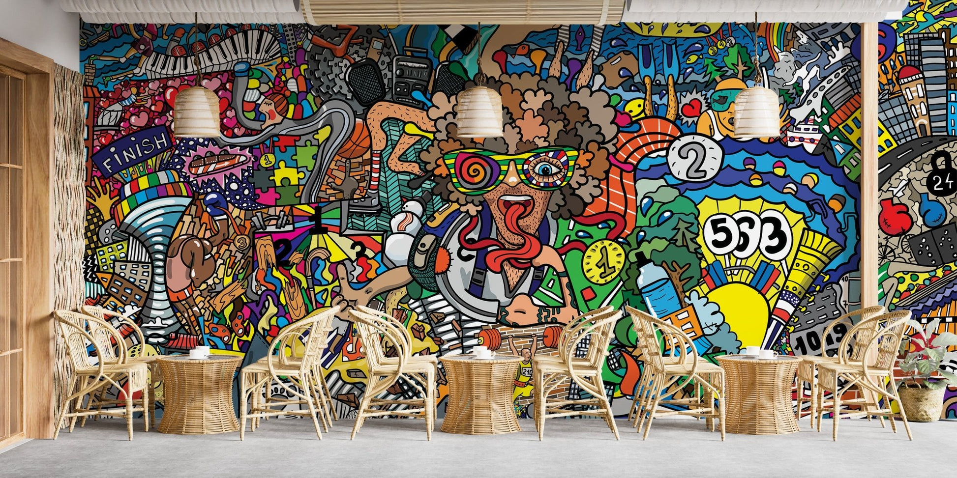 Vibrant eclectic urban graffiti wall mural
