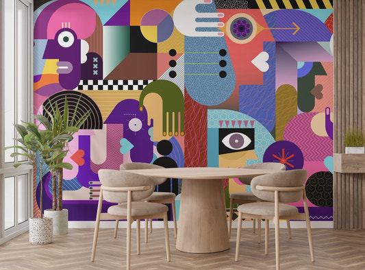 Eclectic geometric mural wallpaper with bold modern graphics for dining room walls.