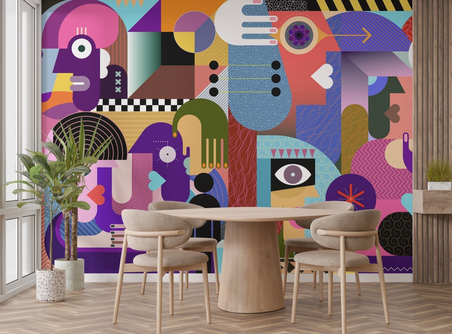 Eclectic geometric mural wallpaper with bold modern graphics for dining room walls.