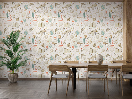 Beige science illustration wallpaper telescope globe wall mural.