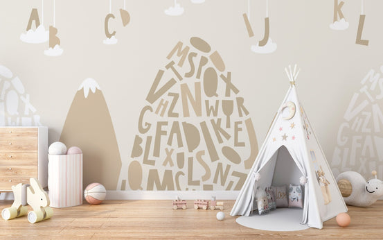 Neutral mountain wall mural with a white teepee and wooden floor