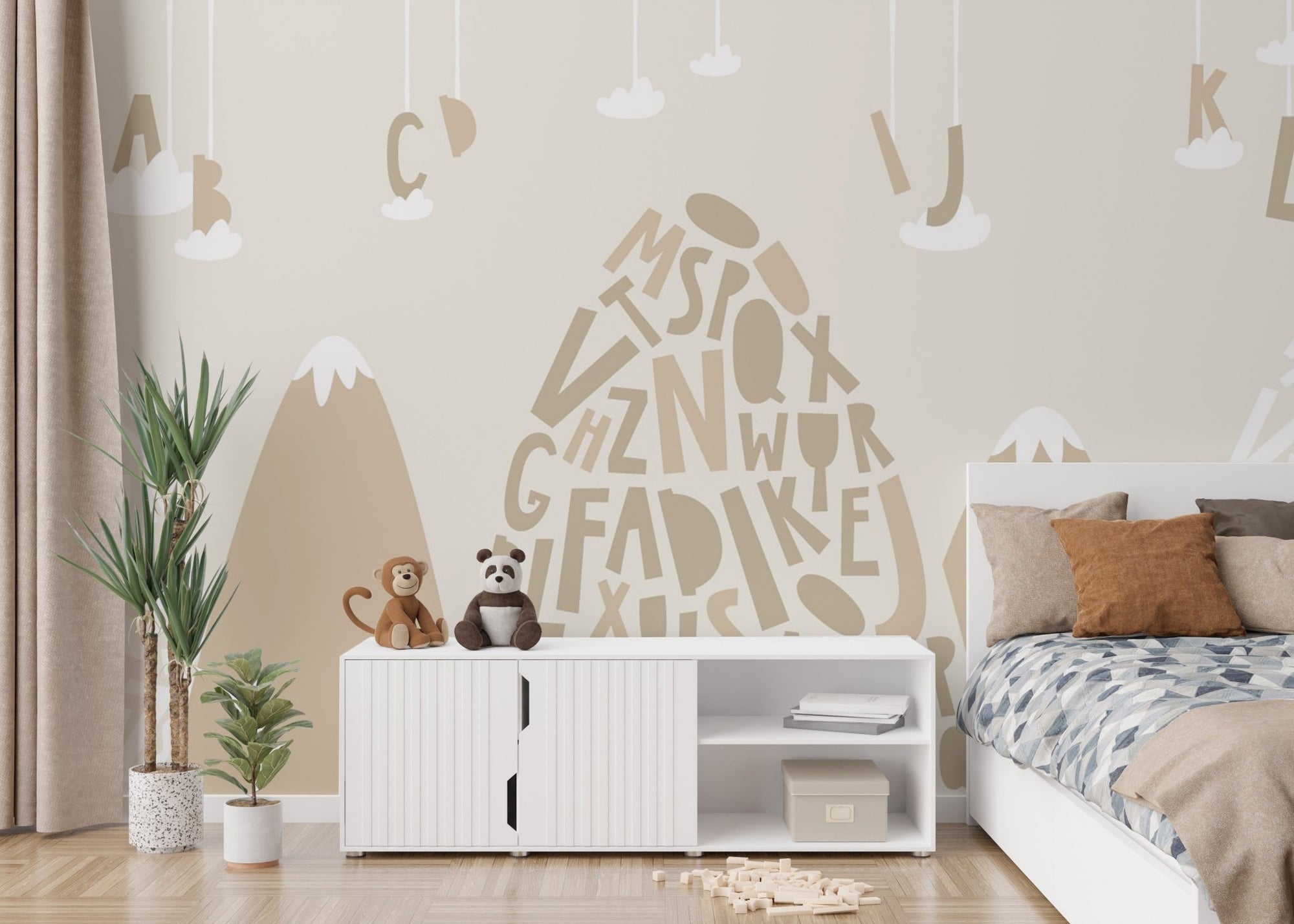 Educational Brown Mountain Peak Murals in a kids bedroom with white furniture