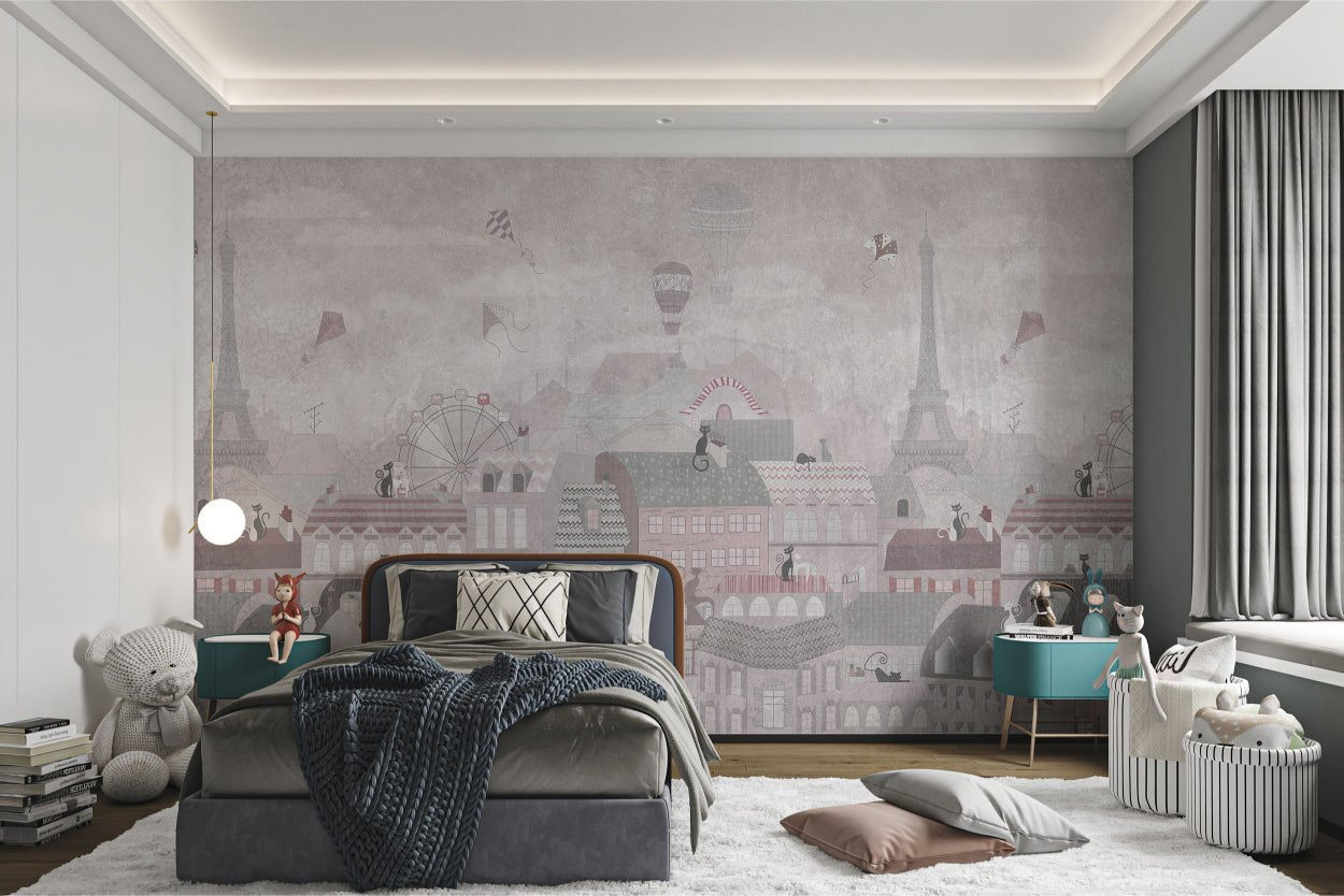 Eiffel Tower and Cats Wall Mural displaying flying kites for kids rooms.