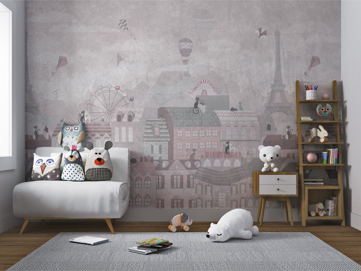 Muted lavender French city wall mural featuring black cats.