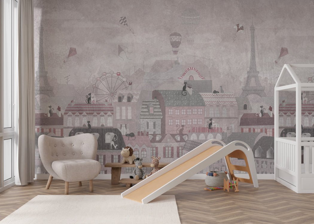 Pastel Parisian theme wall mural in soft pink tones for modern nusery.