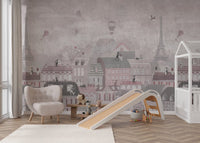 Pastel Parisian theme wall mural in soft pink tones for modern nusery.