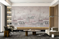 Eiffel Tower and Cats Wall Mural with grey building facades for living spaces.